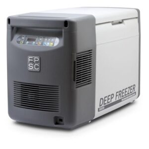 a benchtop or portable use low temperature -40C laboratory freezer in a gray color facing to the left