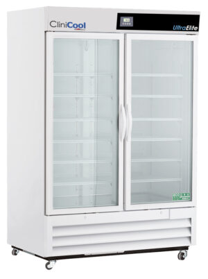 LabRepCo CliniCool labeled Ultra Elite Series 49 Cu. Ft. Medical Grade Vaccine Refrigerator with Hinged Glass Doors, pull handles and casters and temp display at the top of the unit