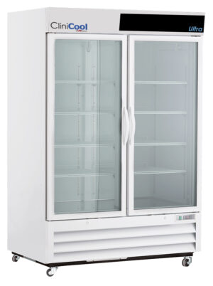 LabRepCo CliniCool© Ultra Series 49 Cu. Ft. Medical-Grade Refrigerator for Vaccine Storage with closed Hinged Glass Doors that have pull handles and casters