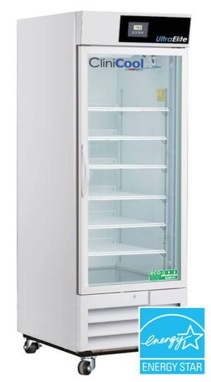 Labrepco brand CliniCool© Ultra Elite Series 26 Cu. Ft. Pharmacy/Vaccine Refrigerator with a Hinged Glass Door and energy star certification