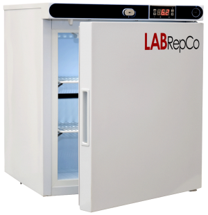 LabRepCo labeled Futura Silver Series with 1.3 Cu. Ft. interior capacity with solid white door that is cracked open with a recessed handle