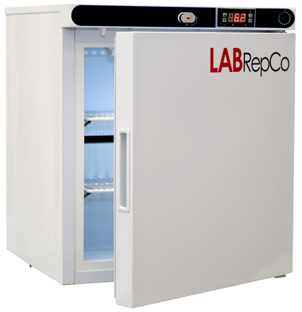 LabRepCo labeled Futura Silver Series with 1.3 Cu. Ft. interior capacity with solid white door that is cracked open with a recessed handle