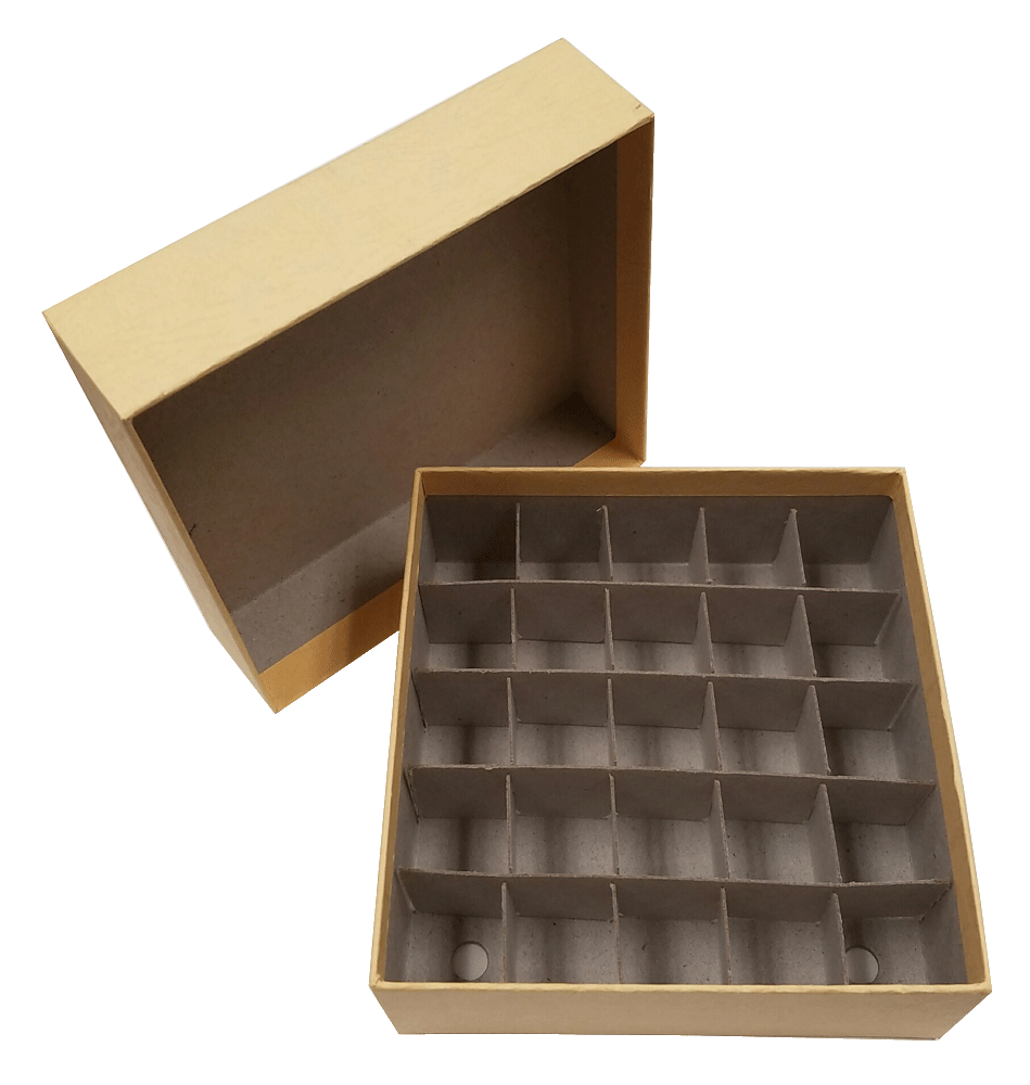 Standard yellow 2" Fiberboard Boxes With 25 Cell Dividers (Qty of 50)