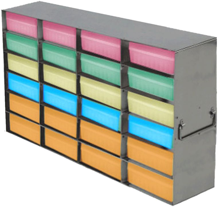 Upright Freezer Racks for 100Cell Hinged Plastic Storage Boxes 24 Boxes Total Blue Boxes