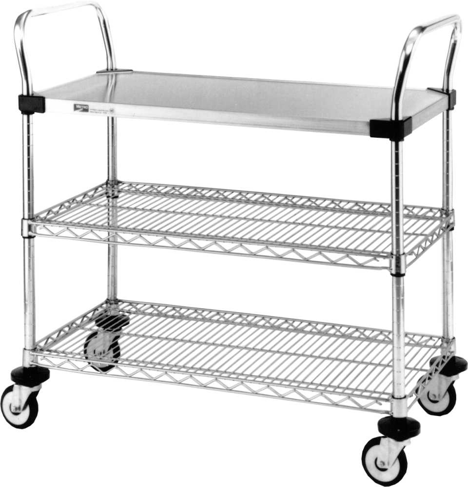 Utility Cart (18"x30") with 1 Solid and 2 Wire Shelves Stainless Steel LabRepCo, LLC