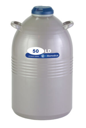 LD50 Aluminum Cryogenic Dewar from IC Biomedical designed for storing and dispensing up to 50L of liquid nitrogen