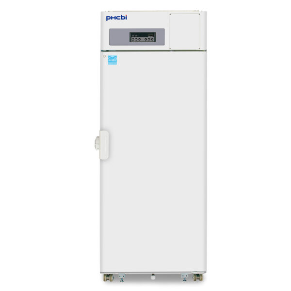PHCbi labeled Series freezer with 22 Cu. Ft. interior capacity with solid white door that is closed with a pull lever handle and temperature display at the top of the unit