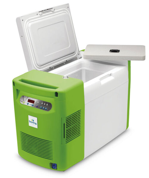 A Striling Ultracold Portable Benchtop -86°C Ultra Low Temp Laboratory Freezer in a green and white color with its lid open