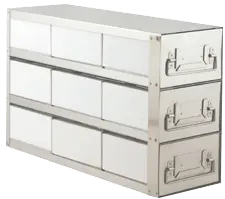 Upright Freezer Drawer Rack w 3″ Fiberboard Boxes and 81 Cell Dividers- 3 Boxes Deep x 3 Boxes High
