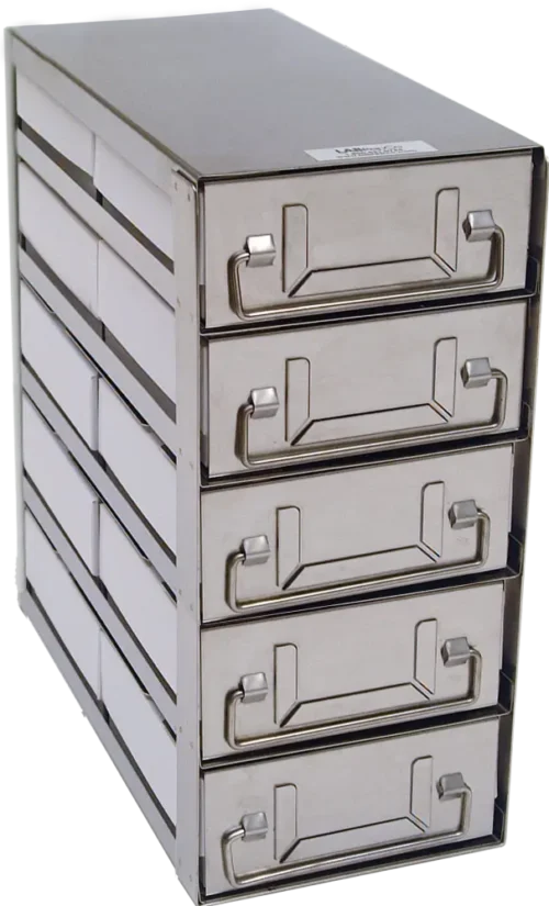 Upright Freezer Drawer Rack with 2″ Fiberboard Boxes and 100 Cell Dividers – (2 Boxes Deep x 5 Boxes High)