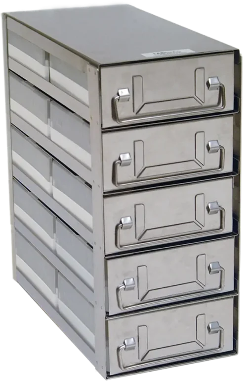 Upright Freezer Drawer Rack with 2″ Polycarbonate Boxes 81 Cell Dividers (2 Boxes Deep x 5 Boxes High)
