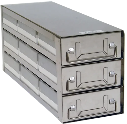 Upright Freezer Drawer Rack with 2″ Polycarbonate Boxes 81 Cell Dividers (3 Boxes Deep x 3 Boxes High)