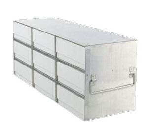 Upright Freezer Rack with 2 inch Fiberboard Boxes and 100 Cell Dividers 3 Boxes Deep x 3 Boxes High