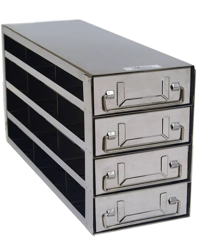 Aluminum Mini Vertical Rack with 3 Mini Boxes & Cell Dividers - 10 Boxes  High
