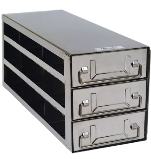 Upright Freezer Rack with Drawers for Standard 2″ Boxes- Rack Only (3 Boxes Deep x 3 Boxes High)