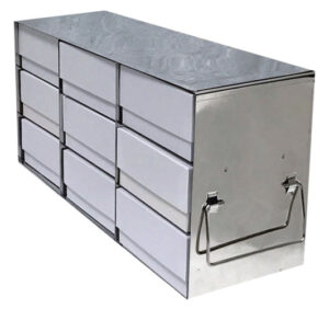 Value Series Upright Freezer Rack with 2 inch Fiberboard Boxes and 100 Cell Dividers - 3 Boxes Deep x 3 Boxes High