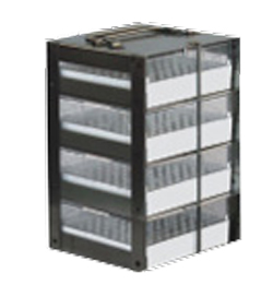 Vertical Rack with 2" Polycarbonate Boxes and 100 Cell Dividers - 4 Boxes High