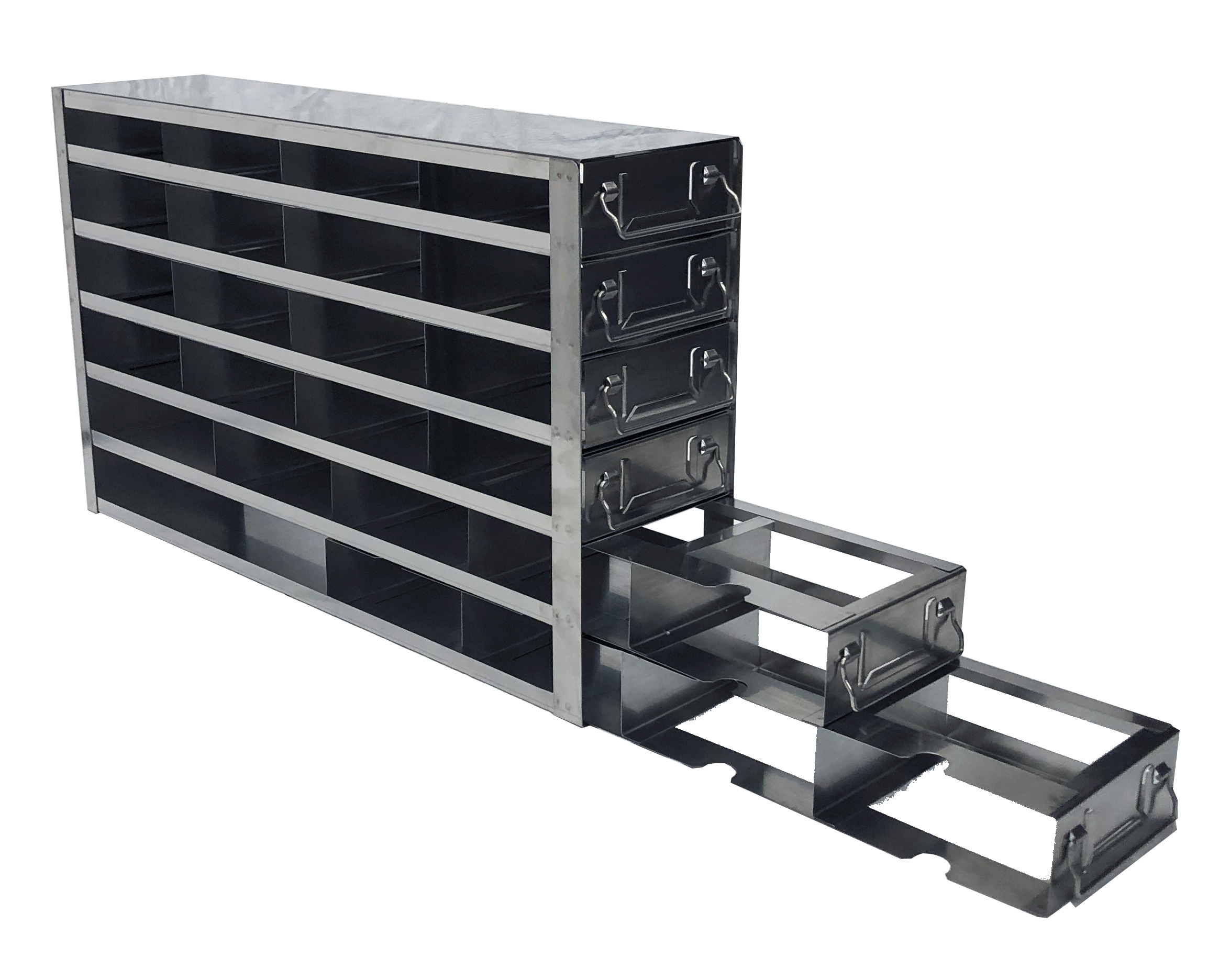 Aluminum Mini Vertical Rack with 3 Mini Boxes & Cell Dividers - 10 Boxes  High