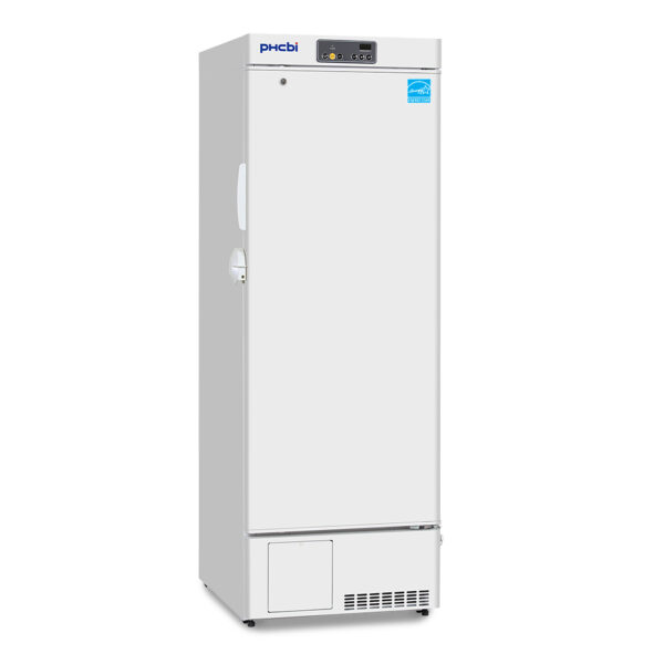PHCbi labeled freezer with 13 Cu. Ft. interior capacity with solid white door that is closed with a pull lever handle