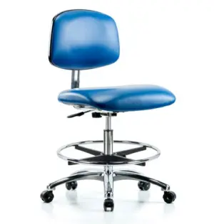 Class 10 Clean Room/ESD Vinyl Chair | Medium Bench Height with Chrome Foot Ring & ESD Casters | Blue