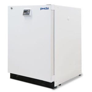 A side angle of the PHCbi 5 Cu Ft Undercounter Medical Refrigerator with a solid door