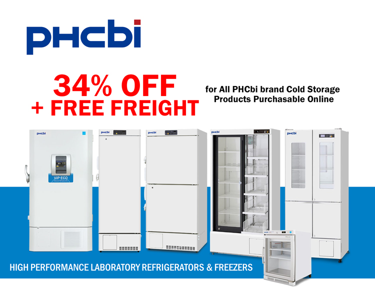 Sale on PHCbi brand laboratory refrigerators and freezers, 34% off all refrigerators and freezers, free freight