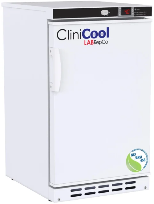 CliniCool© Silver Series PRIME 2.5 Cu. Ft. NSF Certified Undercounter Pharmacy Vaccine Refrigerator Built-In Solid closed door and white pull handle
