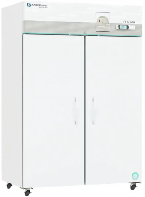 Corepoint labeled freezer with 49 Cu. Ft. interior capacity with solid white double doors that are closed with pull handles, also showing casters and temperature display and chart recorder at the top of the unit