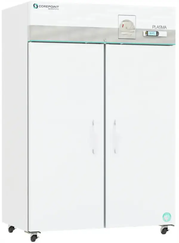 Corepoint labeled freezer with 49 Cu. Ft. interior capacity with solid white double doors that are closed with pull handles, also showing casters and temperature display and chart recorder at the top of the unit