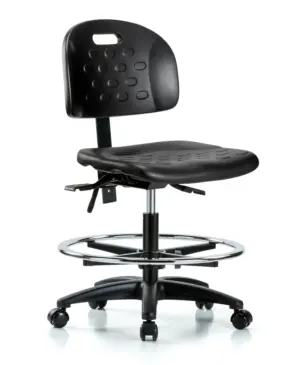 Polyurethane Laboratory Chair | Medium Bench Height with Seat Tilt, Chrome Foot Ring, & Casters | Black Polyurethane