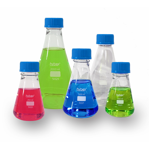 Hybex™ 500ml Erlenmeyer Flask, with GL45 (blue) cap, 6/pk